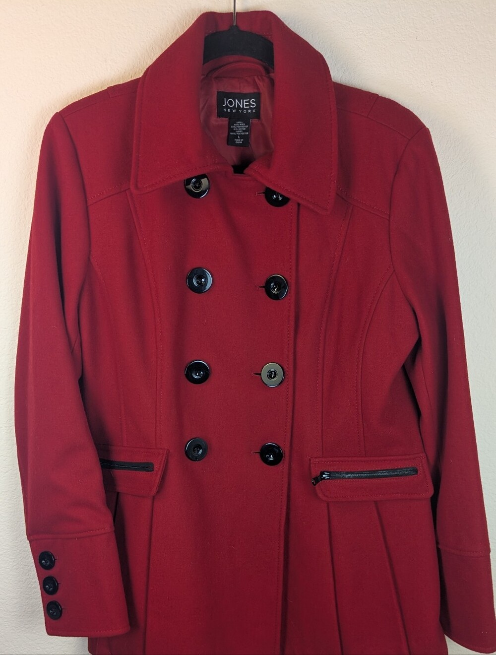 Jones New York Red Wool Blend Double Breasted Peacoat Jacket Size L